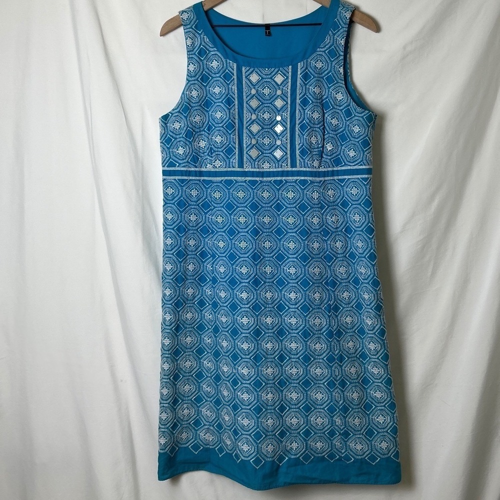 Tahari Womens Mini Dress Size L Turquoise Blue Embroidered Beach Resortwear